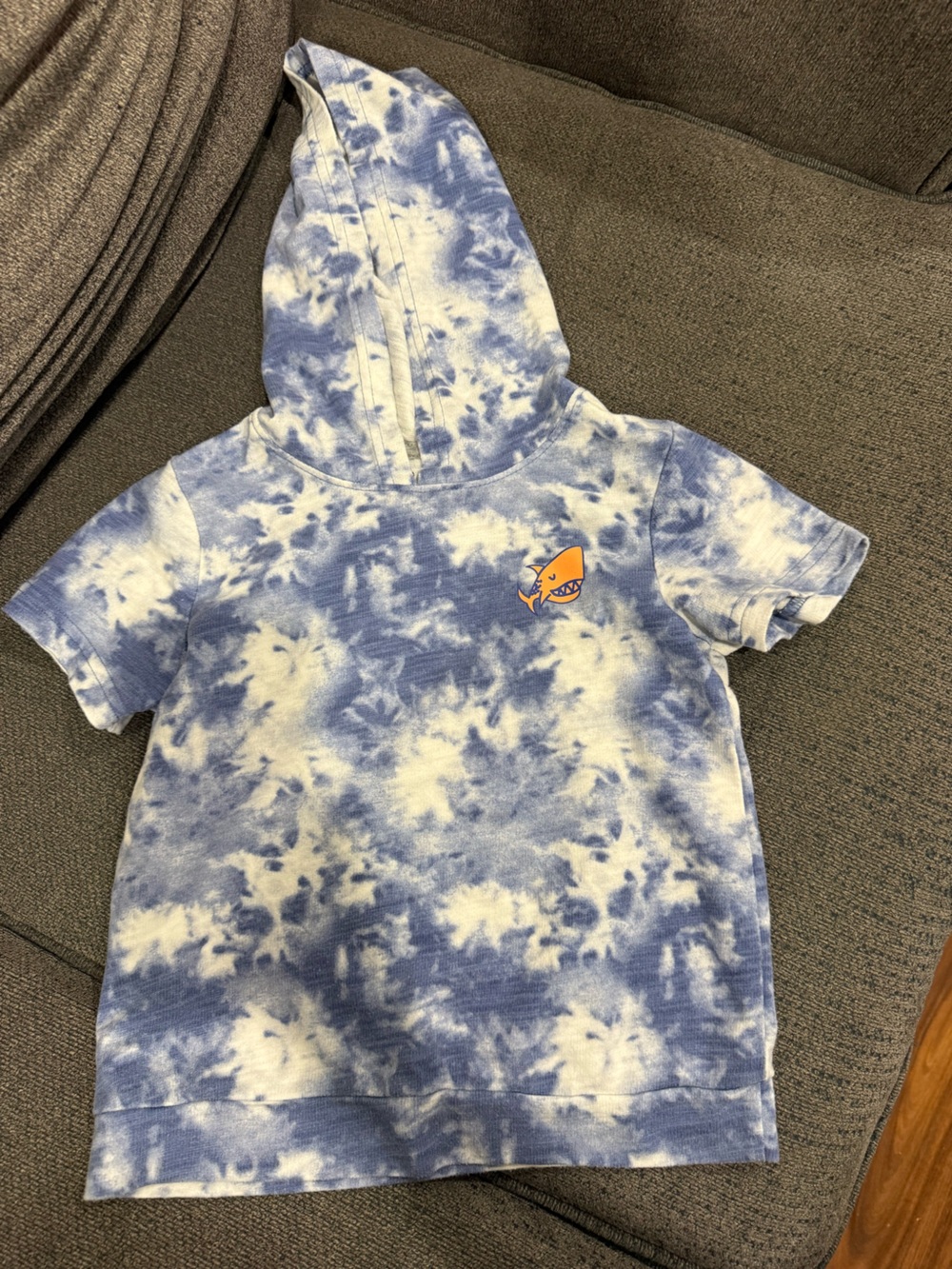 okie dokie Blue and White Tie-Dye Short Sleeve Hoodie with Orange Shark Patch